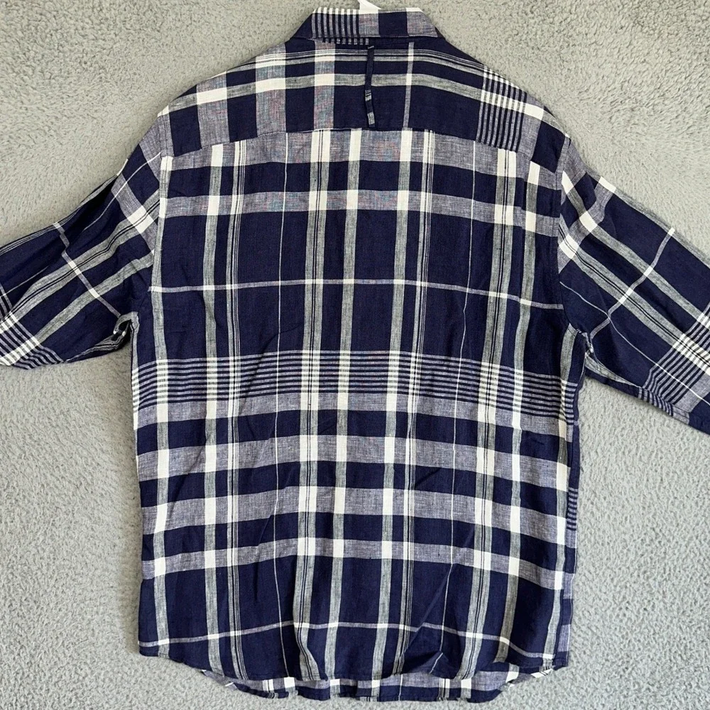 Banana Republic 100% Linen Shirt Mens Large Navy White Plaid Slim Fit Button Up